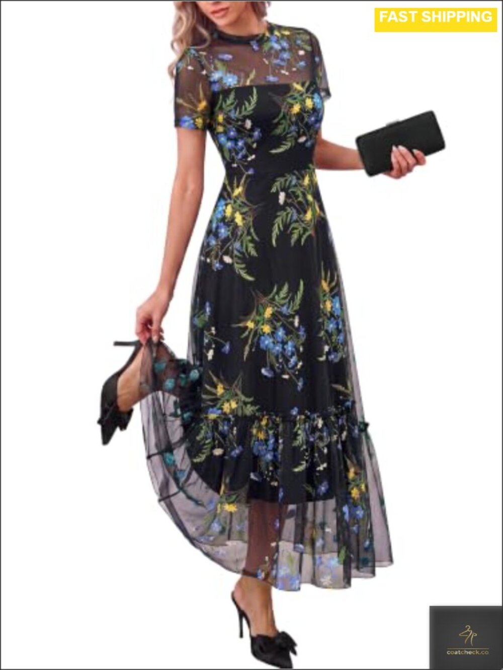 Mesh Ruffle Hem Midi Dress Short Sleeve Mock Neck Boho Cocktail